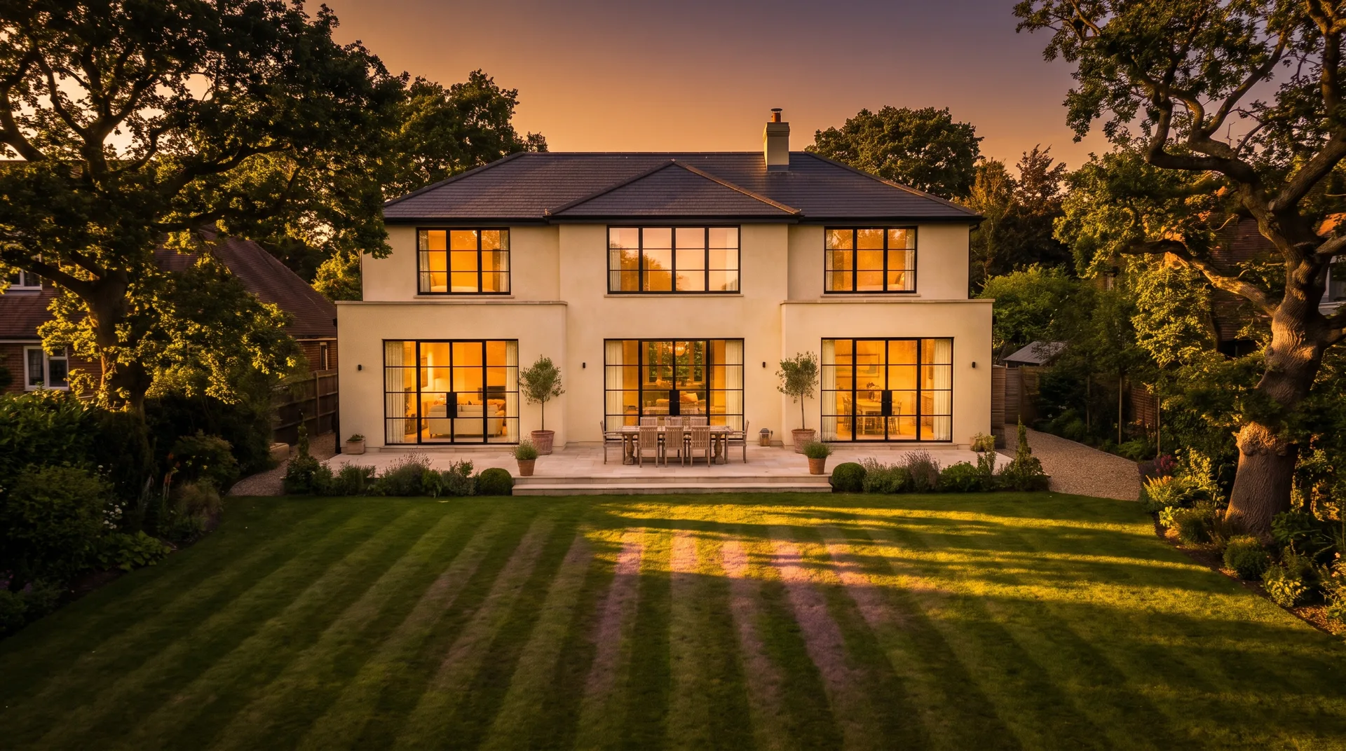 Haus in der Abendsonne vom Garten aus